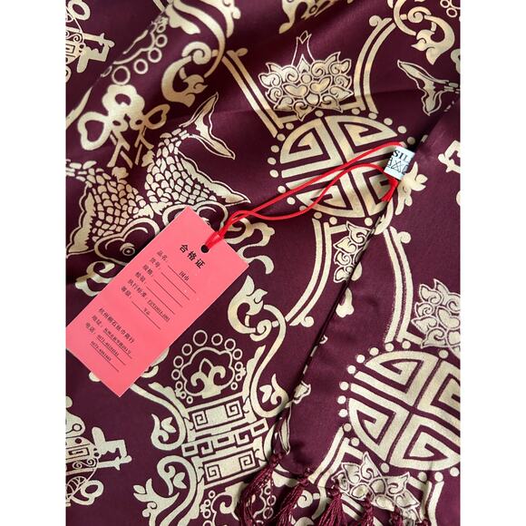 NEW Chinese Burgundy Gold Medallion SILK Scarf with Fringe NWT - Picture 3 of 4